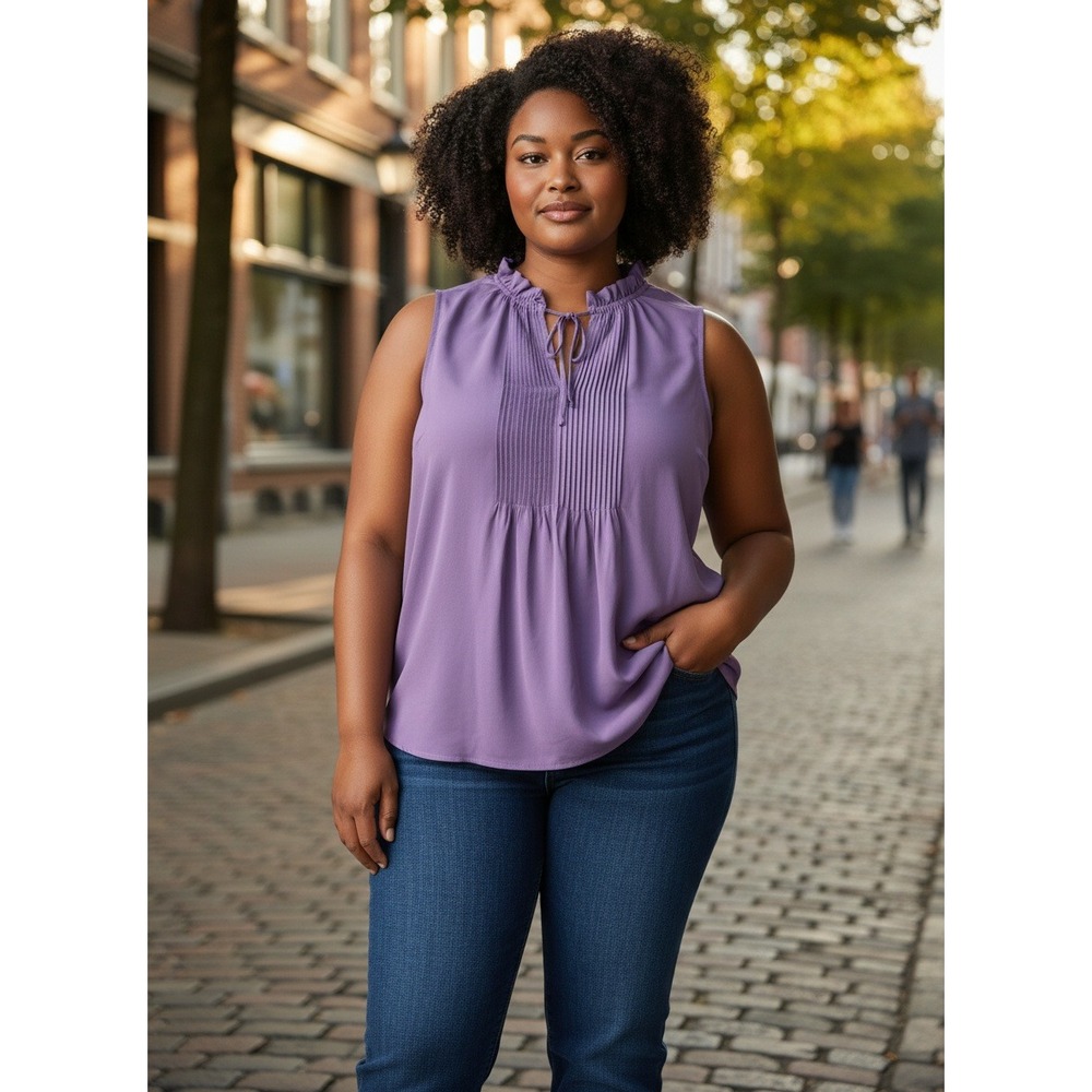 NEW Torrid Women Purple Sleeveless Ruffle Neck Pintuck Tie Front Blouse Size 1